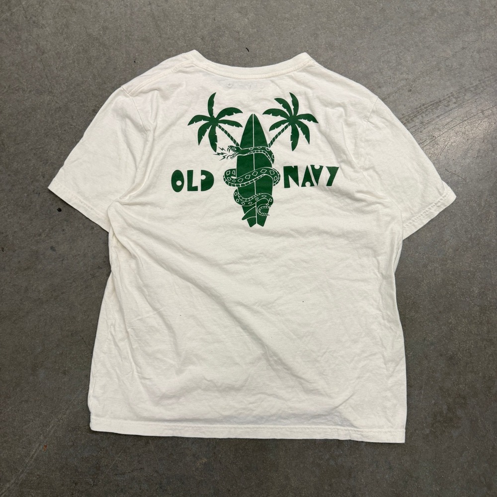 Old Navy Mens Large Graphic T-Shirt Cream Green Surfboard Snake Palm Tree Tee